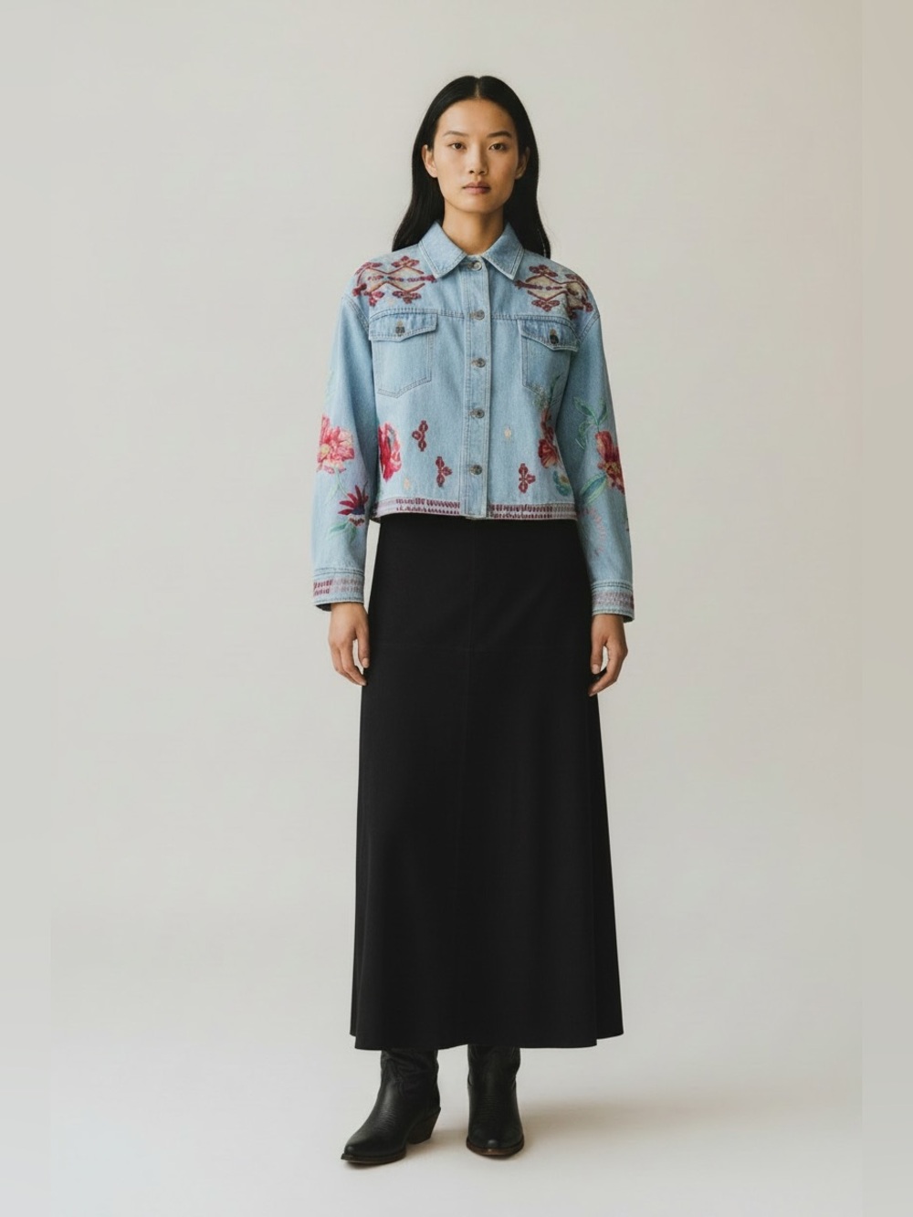 Johnny Was Floral Embroidered Boxy denim bohemian cottage core Jean Jacket Small